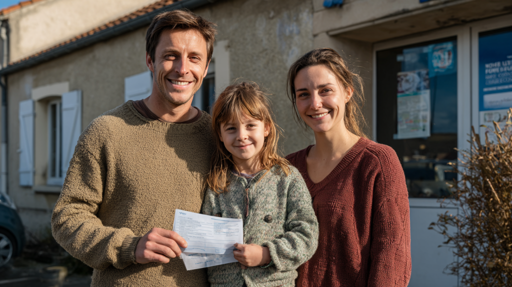 Une petite famille souriante devant un bâtiment de logement social, tenant des dossiers ou des clés, sous un ciel bleu clair, image réaliste et accueillante.