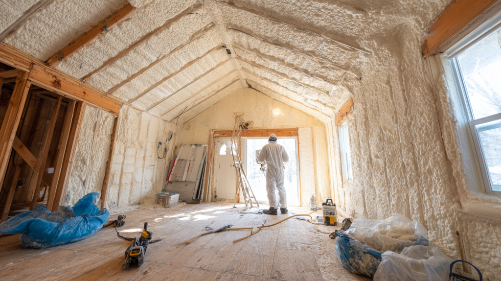 Image d'un artisan en train d'appliquer de l'isolant en mousse sur les murs d'une maison en rénovation. Des outils et matériaux d'isolation sont visibles, dans un environnement lumineux et professionnel.
