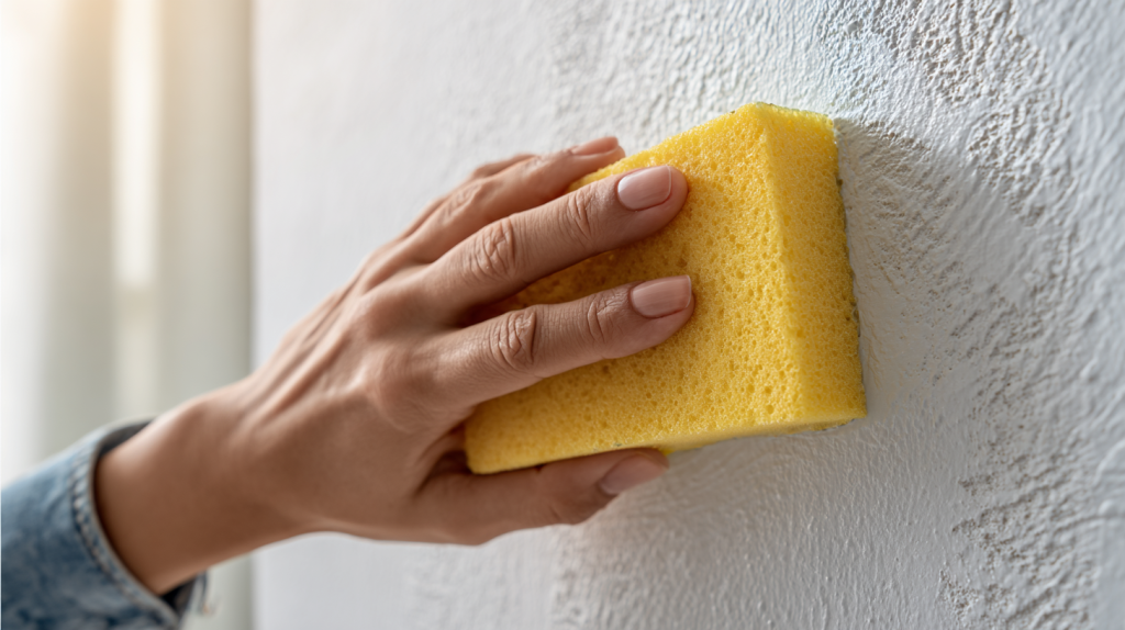 Une personne utilise une éponge magique pour nettoyer un mur blanc, montrant l’efficacité du produit en enlevant des traces visibles.