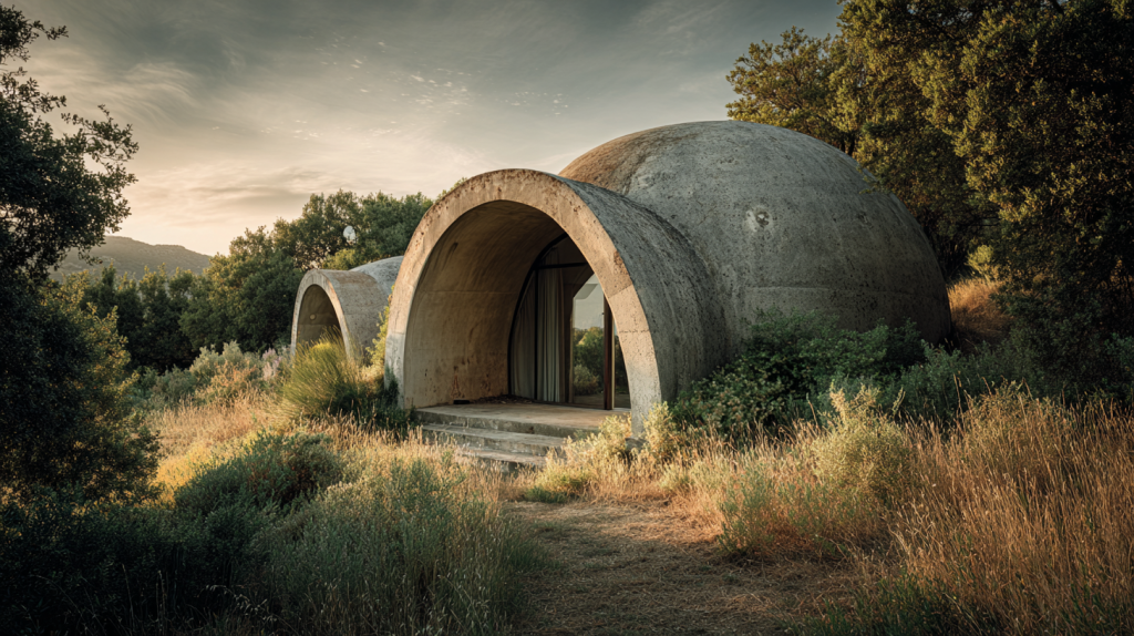 Maison bulle en béton brut aux formes organiques intégrée dans un paysage naturel du sud de la France.