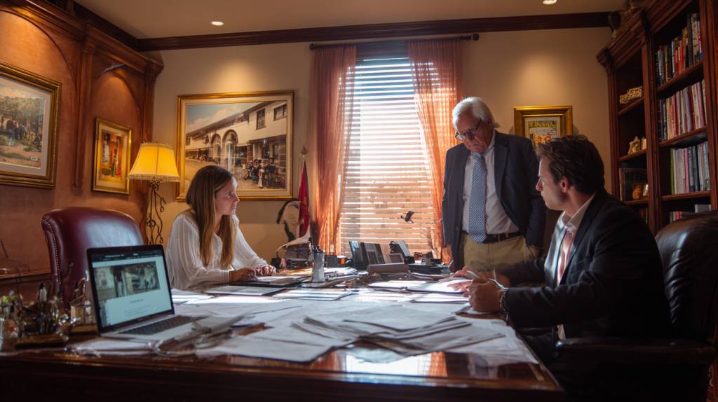 Image d'un bureau de notaire avec des documents immobiliers et un ordinateur affichant le site Immonot. Un couple discute des options d'achat et de location avec le notaire.