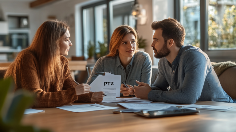 Un couple échange avec un conseiller immobilier devant des documents mentionnant le PTZ, illustrant les précautions à prendre pour vendre avec ce prêt.