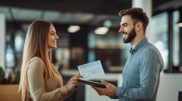 Un agent immobilier remet un paiement de loyer à un propriétaire satisfait dans un bureau moderne, illustrant la gestion locative professionnelle.