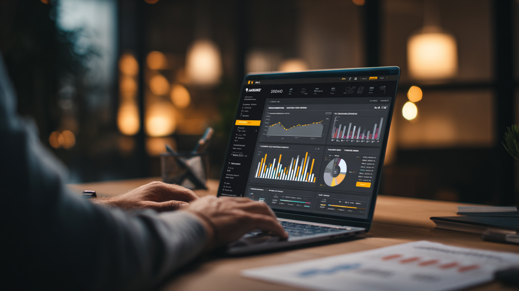 Image d'une personne analysant des projets immobiliers sur la plateforme Anaxago sur un ordinateur portable, avec des documents financiers et graphiques étalés sur le bureau.
