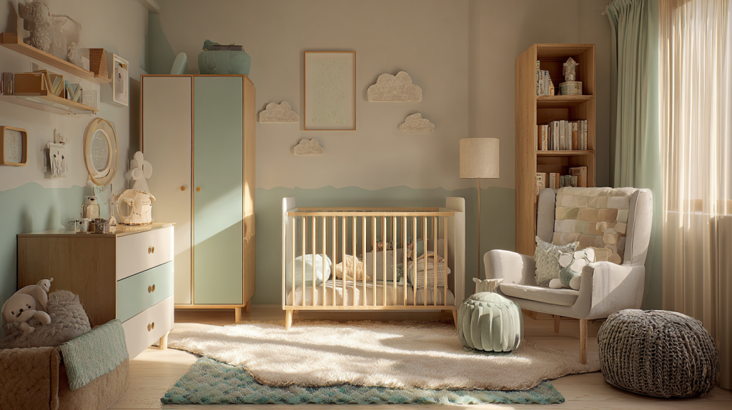 Chambre de jeune enfant décorée avec goût, meubles sécurisés et ambiance douce, illustrant l’équilibre entre style et sécurité pour les tout-petits.