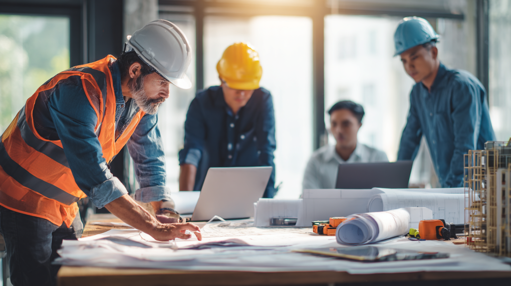 Image d'un bureau d'architecture avec des plans de construction, un ordinateur affichant un site sur l'actualité du bâtiment, et une discussion entre professionnels dans un environnement moderne.