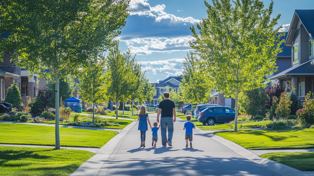 Famille qui se promène dans un quartier paisible d'une ville recensé sur le site Bien dans ma ville.