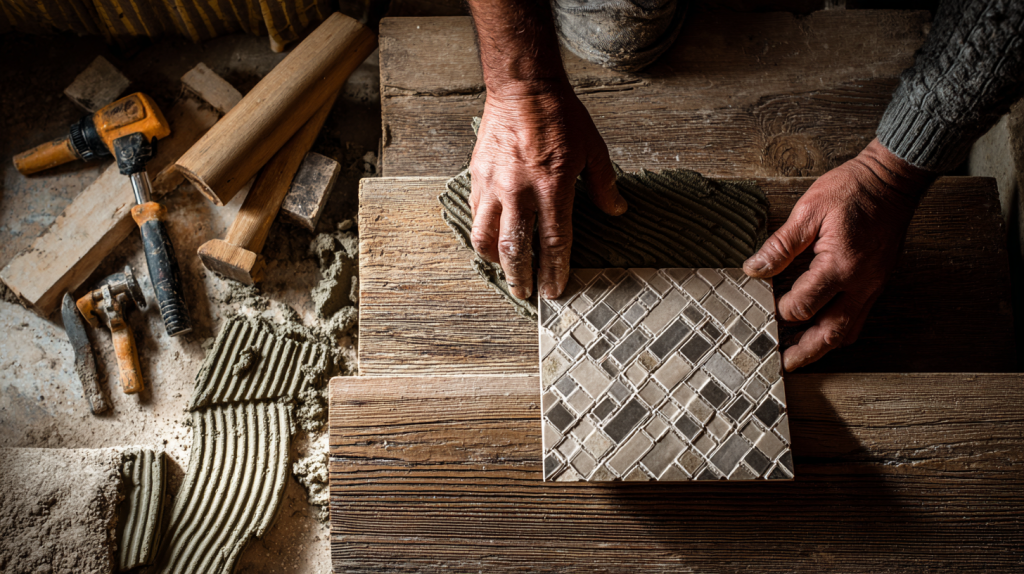 Un artisan pose soigneusement du carrelage sur un escalier en bois, avec une vue rapprochée sur ses mains et les outils utilisés, en intérieur.