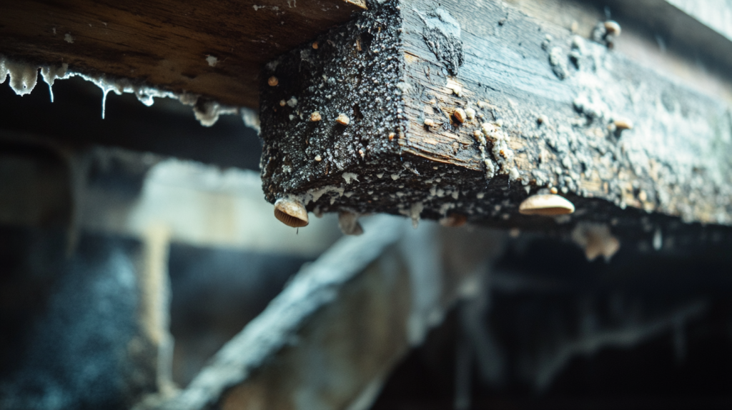 Vue réaliste d’un vide sanitaire humide avec des champignons et de la moisissure sur les poutres en bois et le sol en béton, dans une atmosphère légèrement brumeuse.