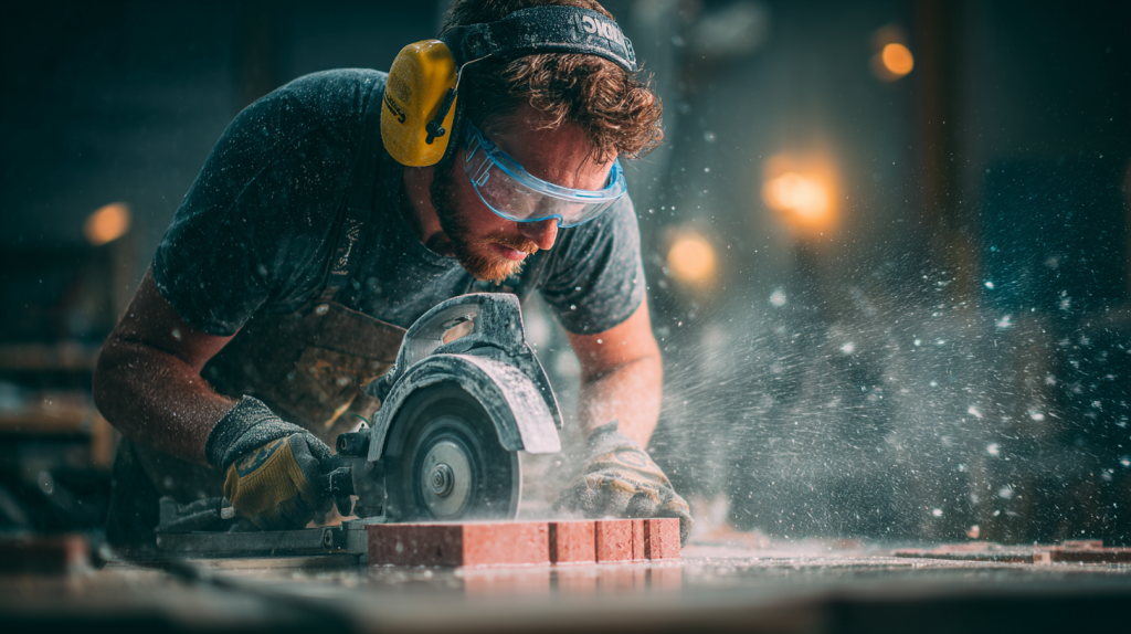 Un ouvrier découpe proprement une brique rouge avec une scie à eau sur un établi, sans dégagement de poussière, dans un atelier bien éclairé.