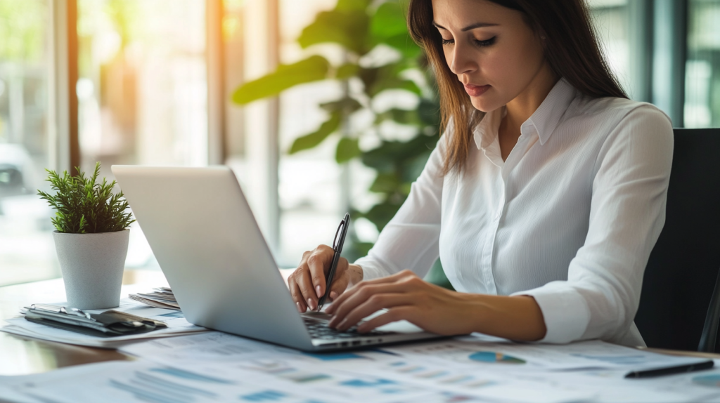 Un gestionnaire locatif examinant des comptes annuels sur ordinateur dans un bureau moderne, entouré de graphiques immobiliers et de documents financiers.