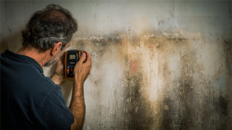 Un technicien utilise une caméra thermique pour repérer une fuite d’eau dans un mur, avec des traces d’humidité visibles dans une maison moderne.