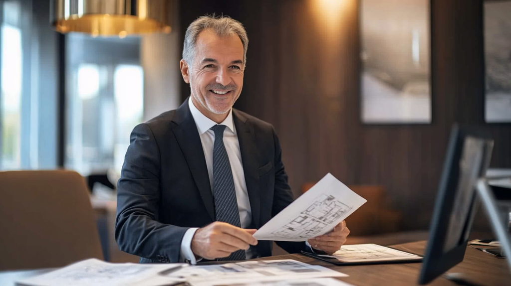 Conseiller immobilier élégant présentant des plans à des clients dans un bureau moderne, représentant le style professionnel de Didier Mathus.
