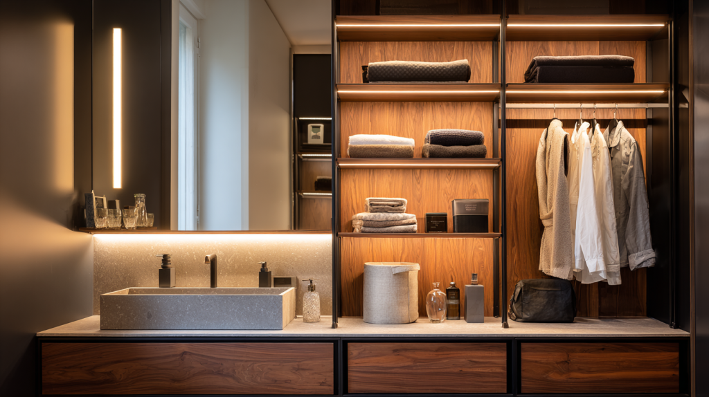 Image d’une salle de bain moderne avec un dressing intégré, comprenant des placards en bois et des étagères ouvertes à côté d’un meuble vasque élégant, créant un espace fonctionnel et raffiné.