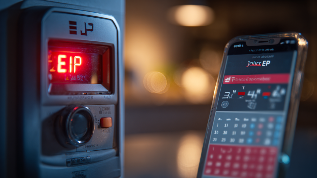 Un compteur électrique moderne avec un voyant rouge, accompagné d’un calendrier et d’une application mobile indiquant un jour EJP, illustrant le suivi des tarifs.