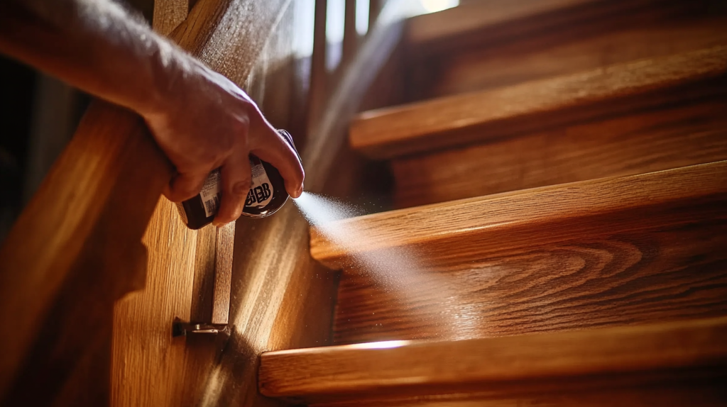 Gros plan sur une personne appliquant du WD-40 sur un escalier en bois pour éliminer les grincements, dans une maison chaleureuse.