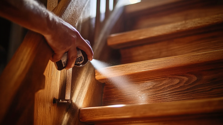 Gros plan sur une personne appliquant du WD-40 sur un escalier en bois pour éliminer les grincements, dans une maison chaleureuse.