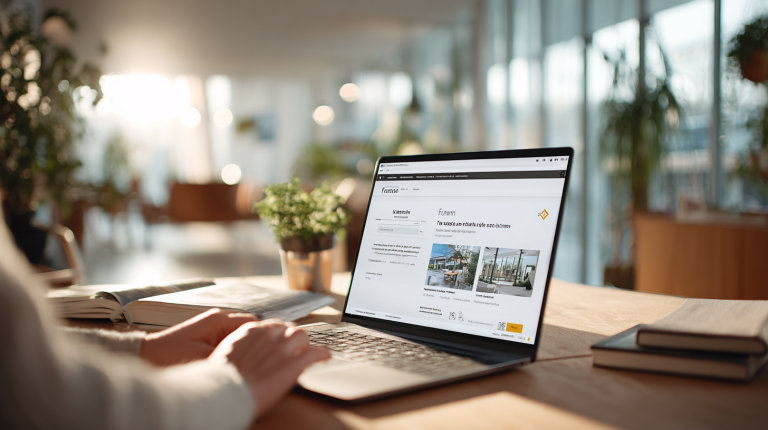 Image d'un espace de travail professionnel avec une personne accédant à son compte client Foncia sur un ordinateur portable. Le site Foncia est visible à l'écran, dans un environnement lumineux et moderne.