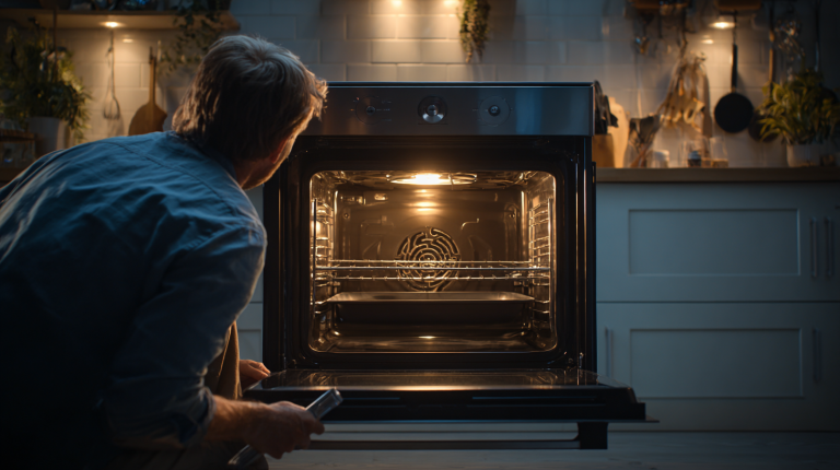 Un four moderne ouvert dans une cuisine, ventilateur en marche mais sans chaleur, pendant qu'une personne examine les composants avec des outils.
