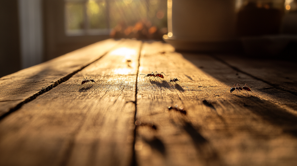 Gros plan réaliste de fourmis marchant sur un plan de travail en bois dans une cuisine rustique baignée de lumière naturelle, symbolisant une signification spirituelle.