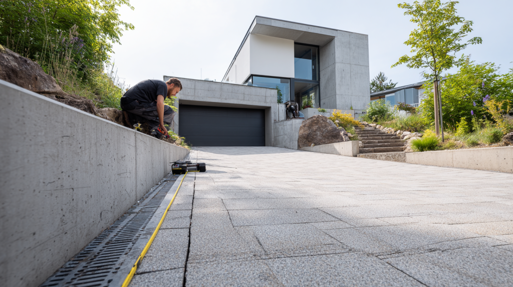 Image d’une allée de garage en pente réalisée en pavés antidérapants, avec des caniveaux de drainage et des murs de soutènement. Une personne vérifie l’inclinaison avec des outils de mesure.