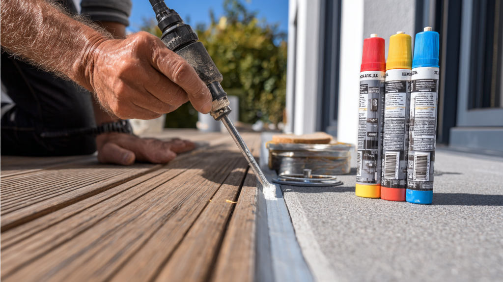 Image d’une personne appliquant un joint d’étanchéité entre une terrasse en bois et la façade d’une maison moderne, avec des outils et matériaux posés à côté.