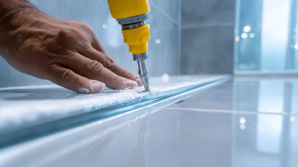 Image d’une personne appliquant un joint silicone blanc le long d’un panneau en verre dans une salle de bain moderne, en lissant soigneusement le cordon pour garantir l’étanchéité.