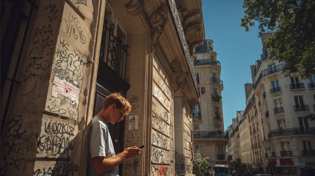 Un jeune adulte consulte LOC'annonces sur une tablette devant un immeuble haussmannien à Paris affichant une pancarte "logement social".