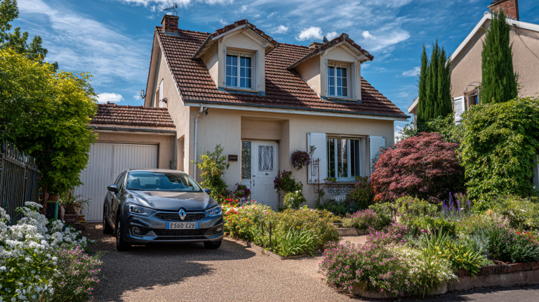 Maison moderne en banlieue française avec un panneau "à louer" devant, jardin entretenu et voiture garée dans l’allée par une journée ensoleillée.