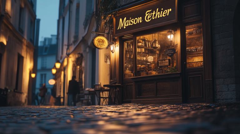 Façade d’un magasin historique nommée “Maison Éthier” au crépuscule, éclairée de lumière chaleureuse, avec une enseigne en bois patiné et quelques passants, ambiance nostalgique.