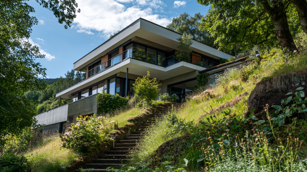 Image d'une maison moderne à plan inversé, adaptée à un terrain en pente. Le rez-de-chaussée est aménagé avec des chambres, tandis que l'étage supérieur dispose d'un grand espace de vie avec des fenêtres panoramiques et une vue dégagée.