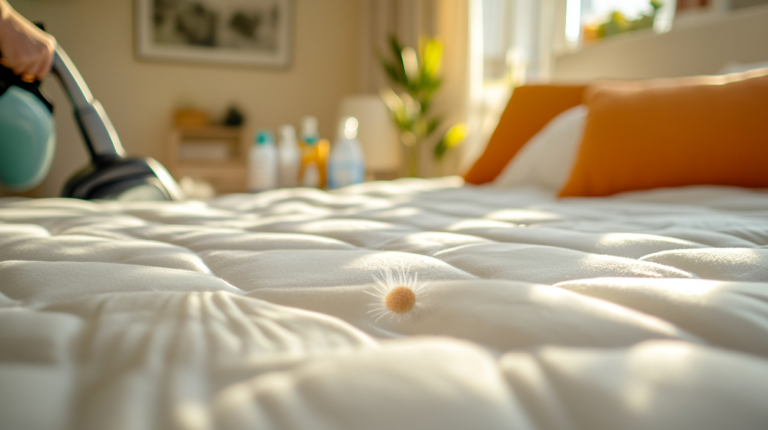 Une personne nettoie un matelas avec un aspirateur dans une chambre propre et lumineuse, symbolisant la lutte contre les mites de poussière.