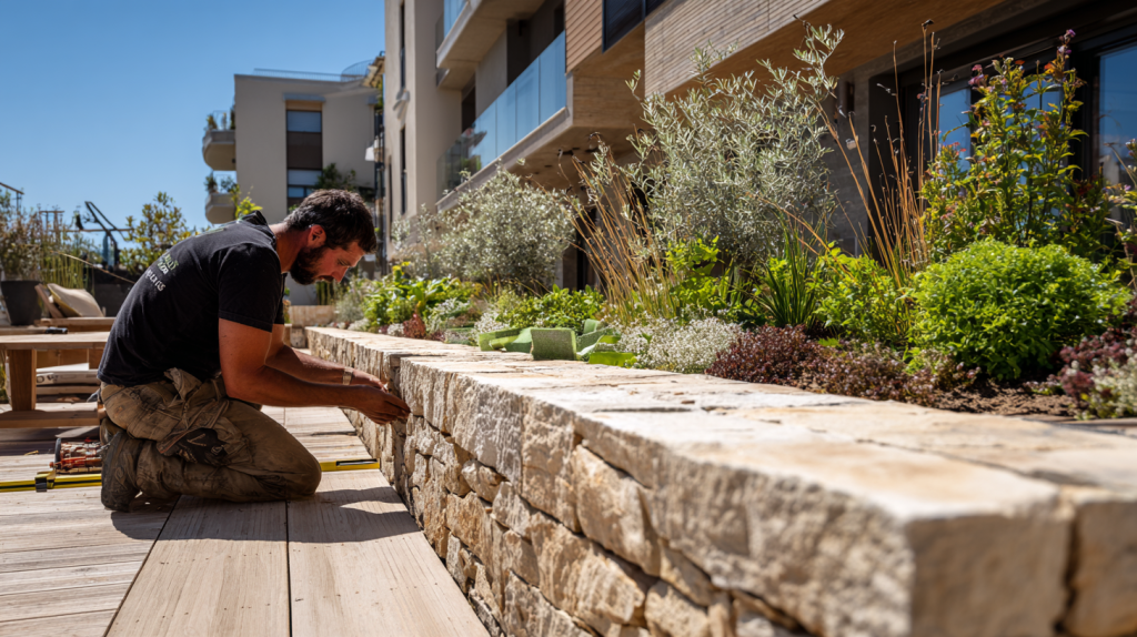 Un homme vérifie l’alignement d’un muret en construction sur une terrasse moderne, par une journée ensoleillée, avec des plantes en arrière-plan.