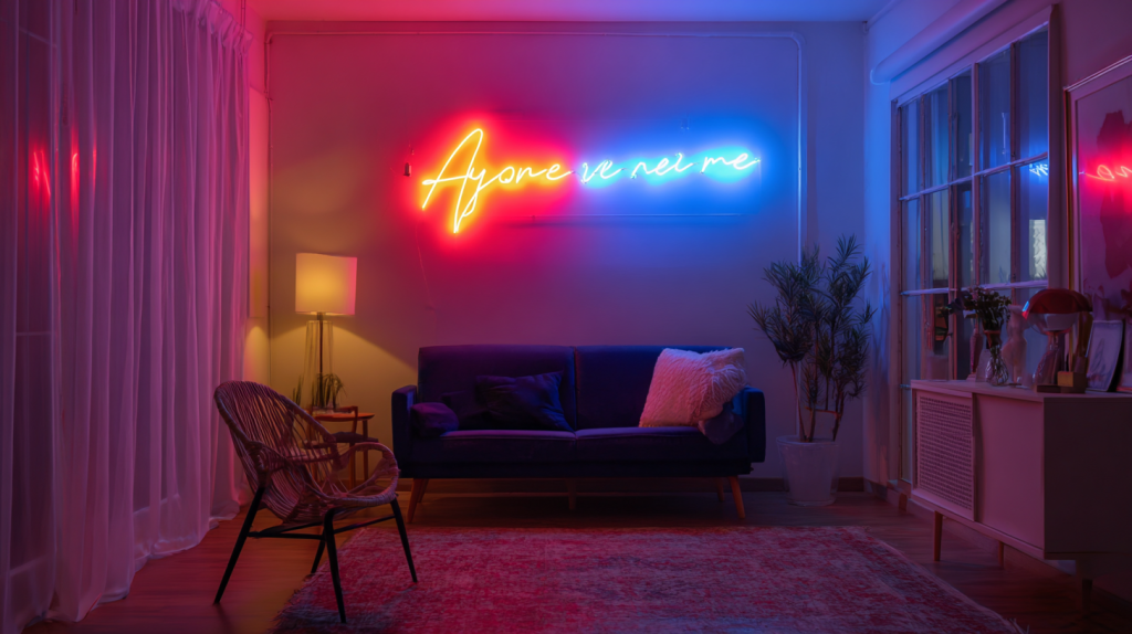 Image d’un intérieur moderne avec un néon LED personnalisé accroché au mur, diffusant une lumière colorée et chaleureuse dans un décor tendance et épuré.