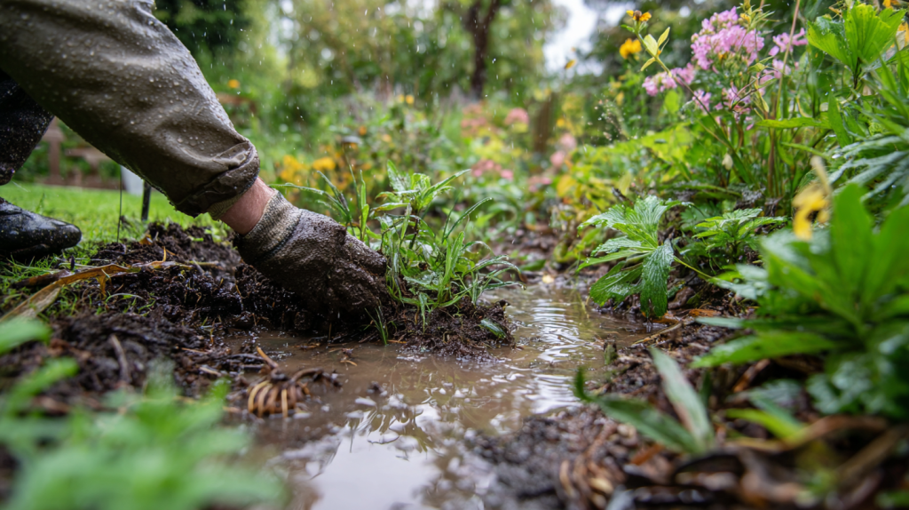 mage d'un jardin sous la pluie, montrant des zones boueuses et des accumulations d'eau. Une personne installe un système de drainage pour corriger les erreurs courantes liées à la gestion de l'eau de pluie.