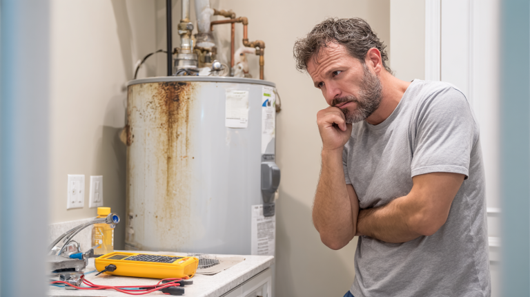 Image d'une personne inspectant un chauffe-eau dans une buanderie, vérifiant les connexions électriques avec un multimètre, entourée d'outils et de manuels pour diagnostiquer la panne.