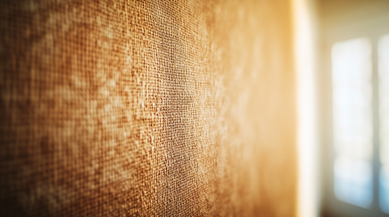 Toile de verre appliqué sur un mur intérieur, avec une lumière naturelle éclairant les textures du revêtement et la surface murale.