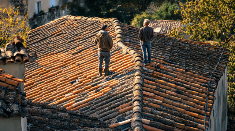 Deux voisins discutent amicalement sur un toit commun en tuiles, dans un village français, avec des outils d’entretien posés à proximité.