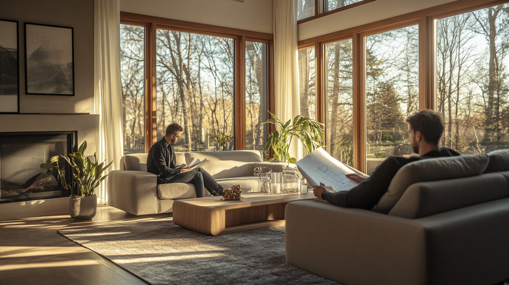 Deux personnes discutent de plans d’aménagement intérieur dans un salon moderne et lumineux, entourés de meubles élégants et d’une décoration soignée.