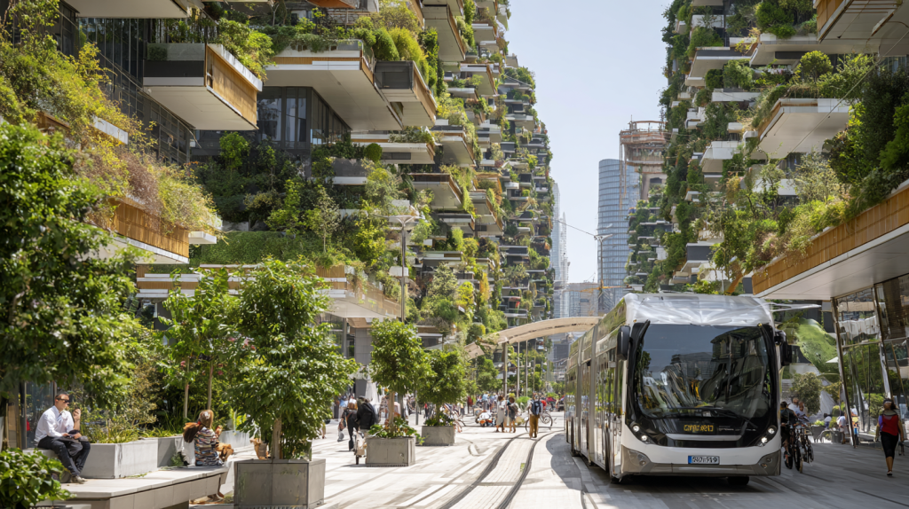 Image d'une ville futuriste avec des bâtiments écologiques, des panneaux solaires et des transports électriques. Des personnes se déplacent à pied et à vélo dans un environnement urbain moderne et durable.