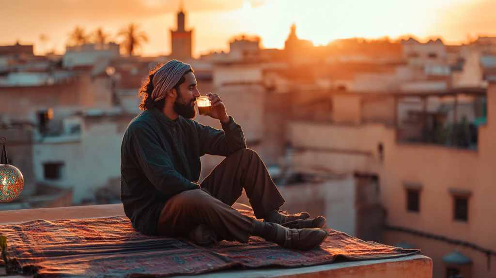 Un homme marocain boit du thé à la menthe sur une terrasse surplombant une médina traditionnelle, au coucher du soleil, avec une vue urbaine typique du Maroc.