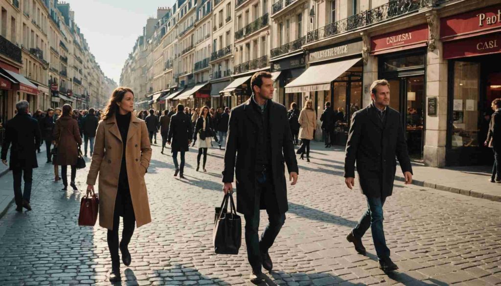 Trois investisseurs immobiliers qui marchent dans les rues parisiennes.