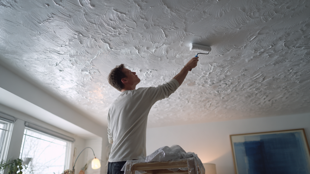 Un peintre applique une peinture velours au plafond d’un intérieur moderne, avec un rouleau, sous une lumière douce révélant un fini lisse.