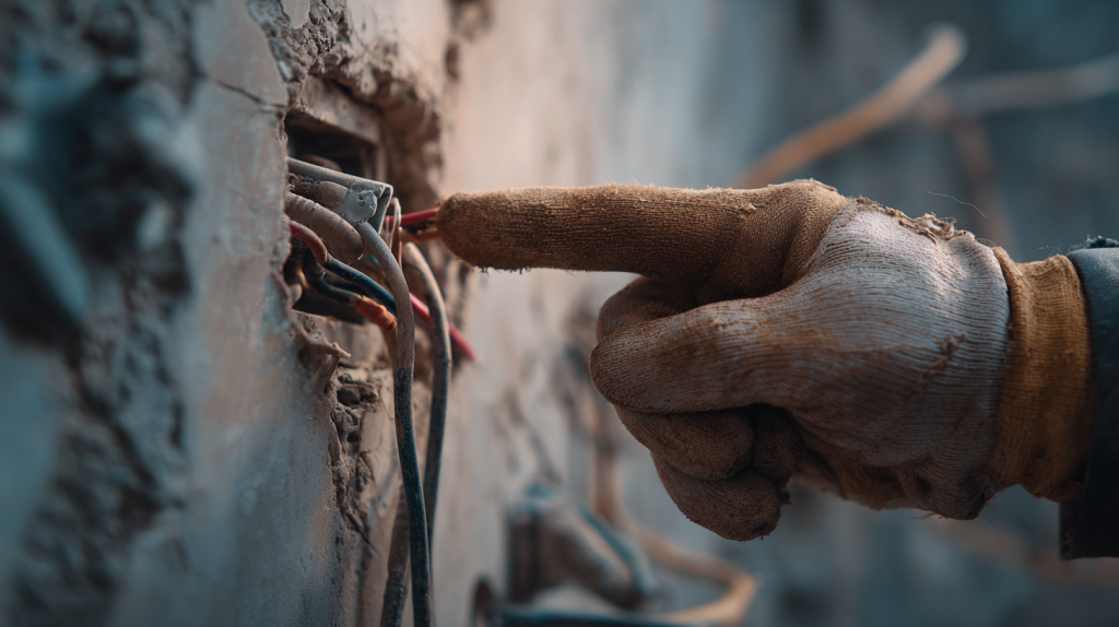 Zoom sur des fils électriques non gainés dans une cloison avant l’encastrement, avec un électricien montrant les zones à risque.