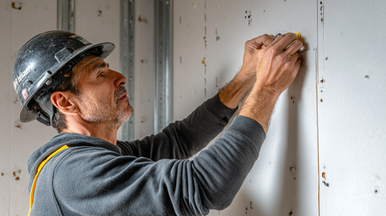 Zoom sur une cloison en construction avec des montants métalliques doublés pour le placo, dans une pièce en rénovation, avec isolation visible.