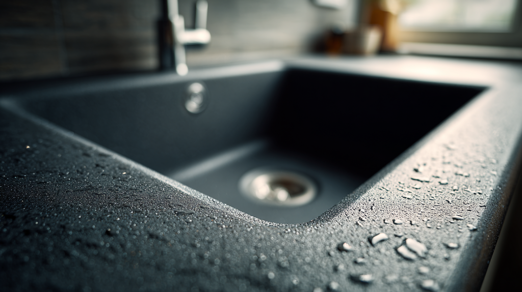 Gros plan sur un évier de cuisine en résine au fini mat et poreux, avec des gouttes d’eau visibles sur la surface texturée.
