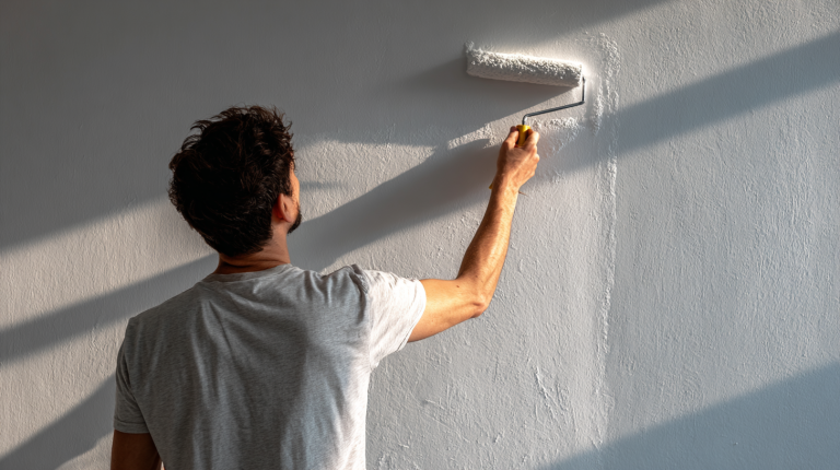 Mur fraîchement peint présentant encore des traces malgré plusieurs couches, avec un peintre utilisant un rouleau.
