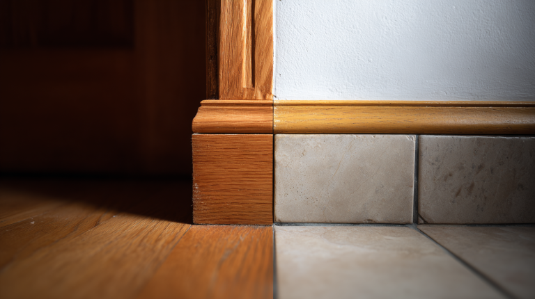 Comparaison visuelle entre une plinthe en bois et une plinthe en carrelage installées le long d’un mur, avec détails des textures et finitions.