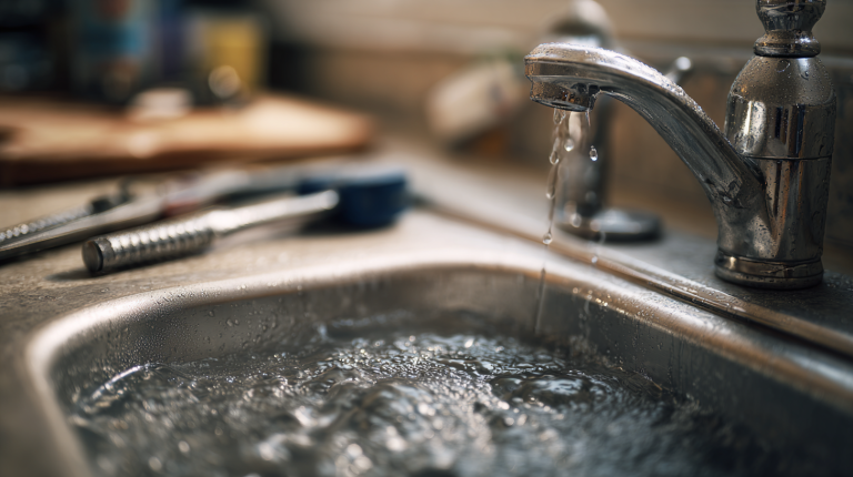 Évier bouché sans bouchon visible avec outils de plomberie prêts pour le débouchage