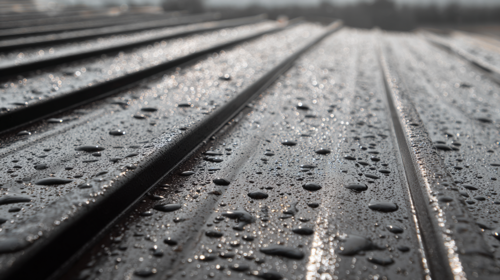 bac acier avec gouttelettes de condensation et film anti-condensation visible, illustrant une solution de ventilation efficace.